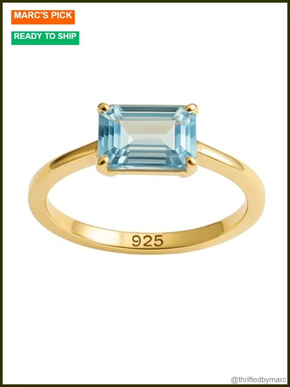 Blue Topaz Baguette Ring 925 Sterling Silver Gold Plated December Birthstone